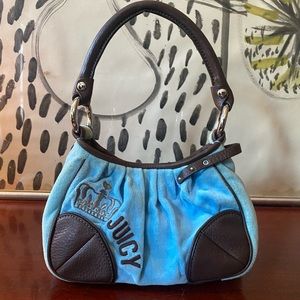 Aqua Baby Blue Vintage Juicy Couture Velour Shoulder Bag with Brown Leather